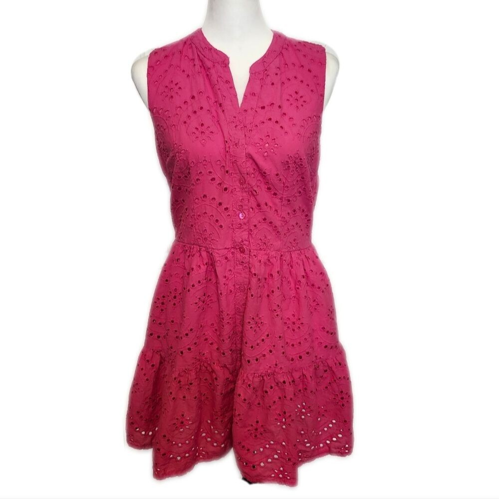 Japna Hot Pink Sleeveless Eyelet Mini Dress, Fully Lined, Button Down, L